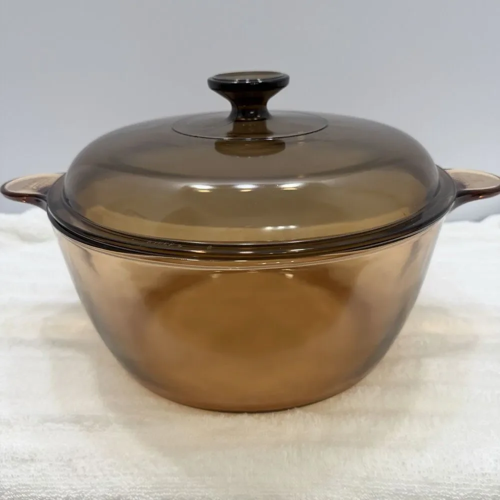 Vintage Corning Vision Amber Glass Dutch Oven 4.5L Covered Casserole Pot w/ Lid